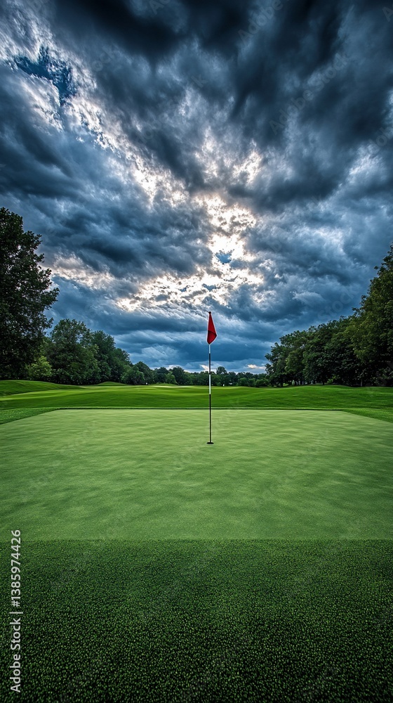 Golf course green with red flag, shadowed by dramatic stormy sky above Golf course green with red flag, shadowed by dramatic stormy sky above