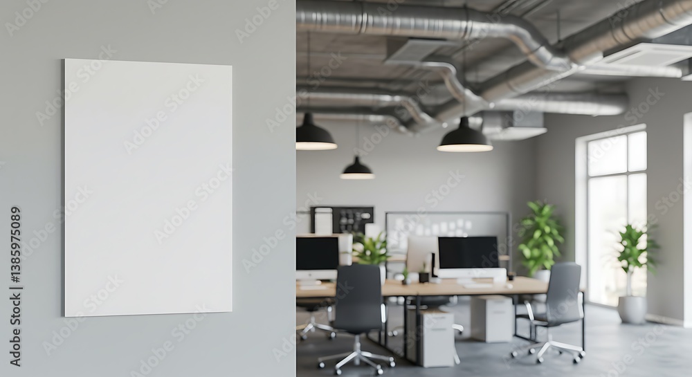 Fototapeta premium Blank poster mock-up on the wall with modern office interior in background