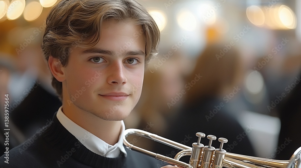 Young Trumpet Player Portrait with Concert, and Musician.