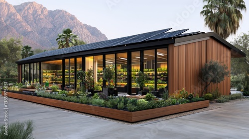 Modern Sustainable Green Grocery Store with Solar Panels and Mountain View