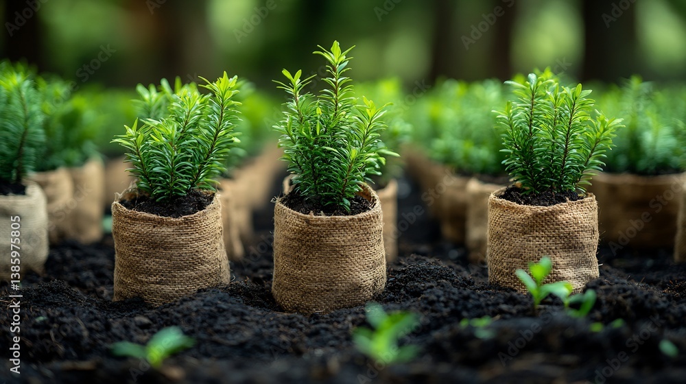 Young Plants in Burlap Pots EcoFriendly Garden.