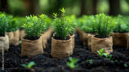 Obraz na płótnie Young Plants in Burlap Pots EcoFriendly Garden. w salonie