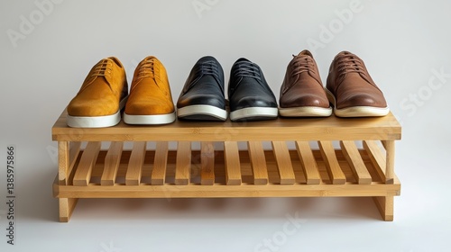 A minimalist wooden shoe rack with a clean, modern design, placed on a white background