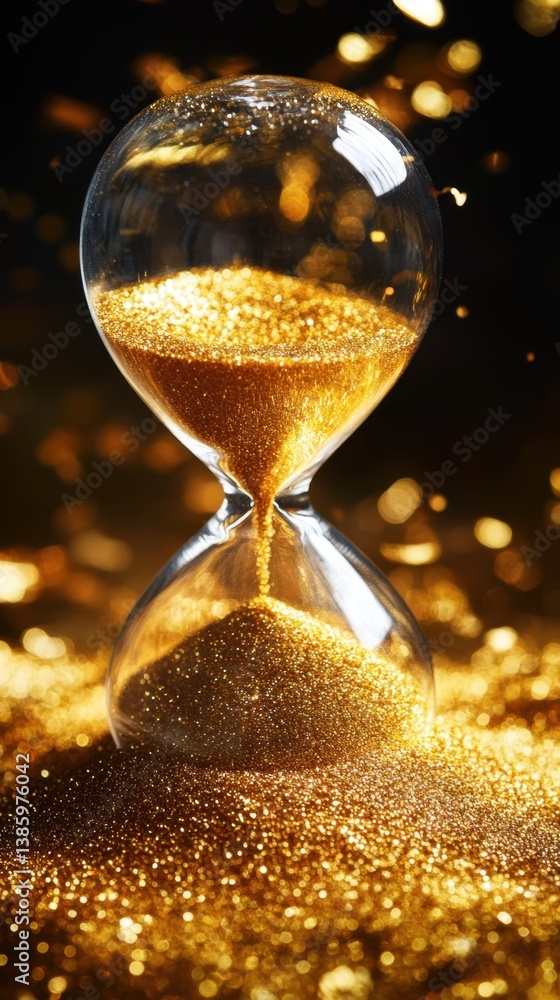 Golden Sand Flowing Through Hourglass Against Dark Backdrop Capturing the Essence of Time and Transience in a Timeless Still Life