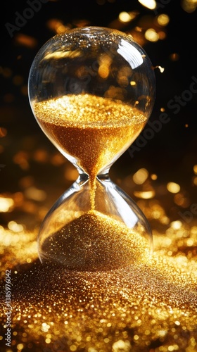 Obraz na płótnie Golden Sand Flowing Through Hourglass Against Dark Backdrop Capturing the Essence of Time and Transience in a Timeless Still Life w salonie