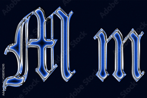 blue Gothic blackletter font chrome techno Glossy holographic 3D letter m Metallic shiny text design