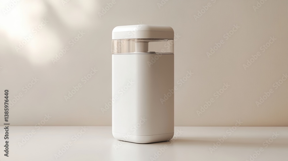 A sleek and modern dishwashing detergent dispenser with a minimalist design, on a white background A sleek and modern dishwashing detergent dispenser with a minimalist design, on a white background