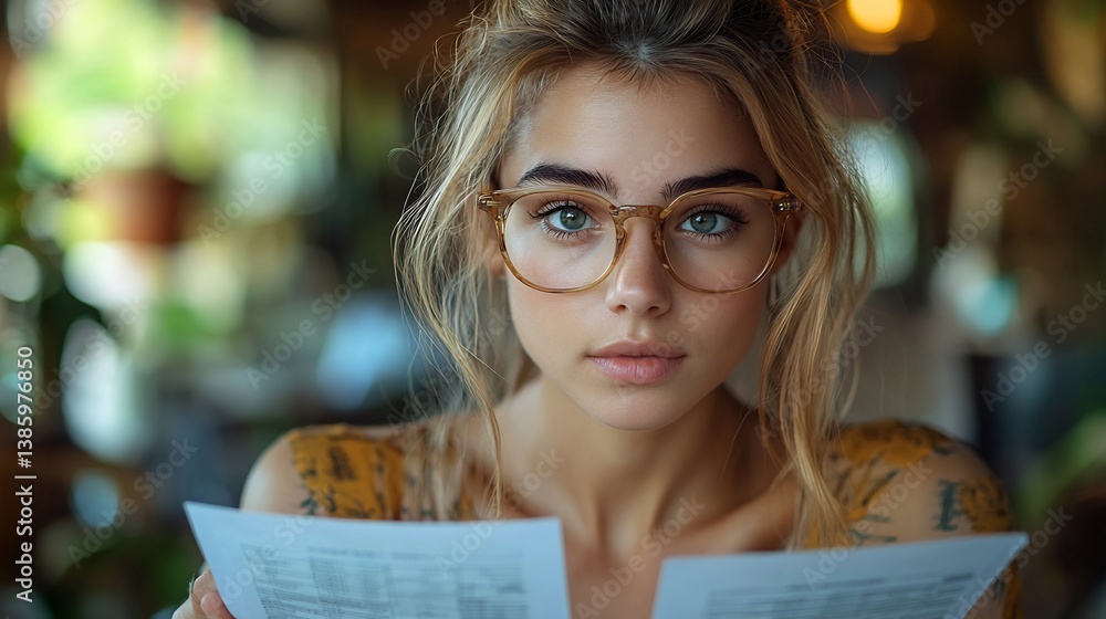 Young Woman Reading Documents Cafe Portrait.