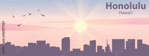 The silhouette of the city of Honolulu, Hawaii against the backdrop of the sunset and pink clouds. It is also made in pastel colors