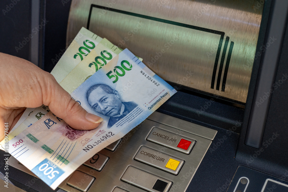 Mexico money. A woman withdraws money from an ATM. Financial concept. Mexican peso