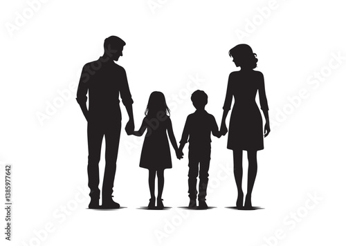Silhouette of a family of four holding hands, capturing the essence of unity and love Vector