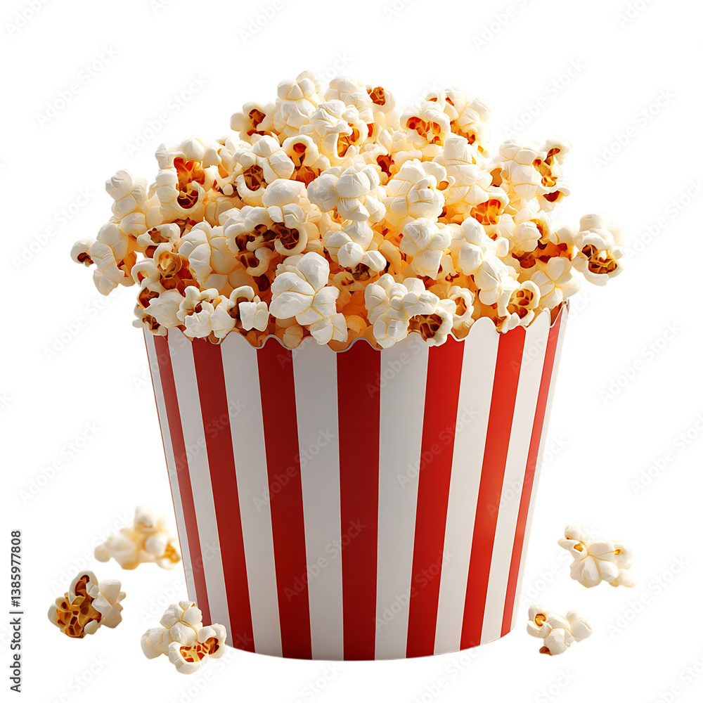 A Fluffy 3D Cartoon Popcorn Bucket Overflowing with Popcorn Isolated on Transparent Background A Fluffy 3D Cartoon Popcorn Bucket Overflowing with Popcorn Isolated on Transparent Background