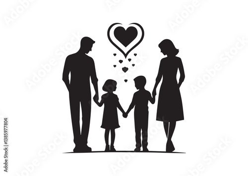 Silhouette of a family of four holding hands, capturing the essence of unity and love Vector