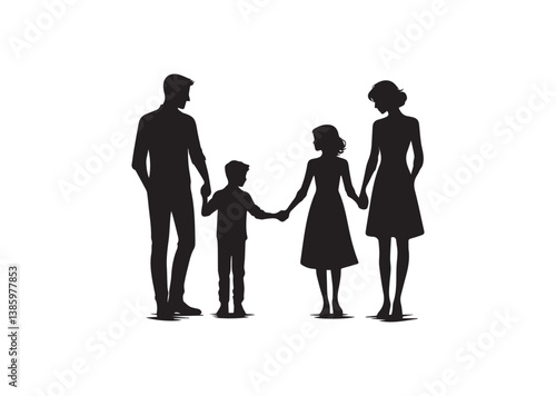 Silhouette of a family of four holding hands, capturing the essence of unity and love Vector