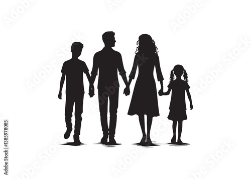 Silhouette of a family of four holding hands, capturing the essence of unity and love Vector