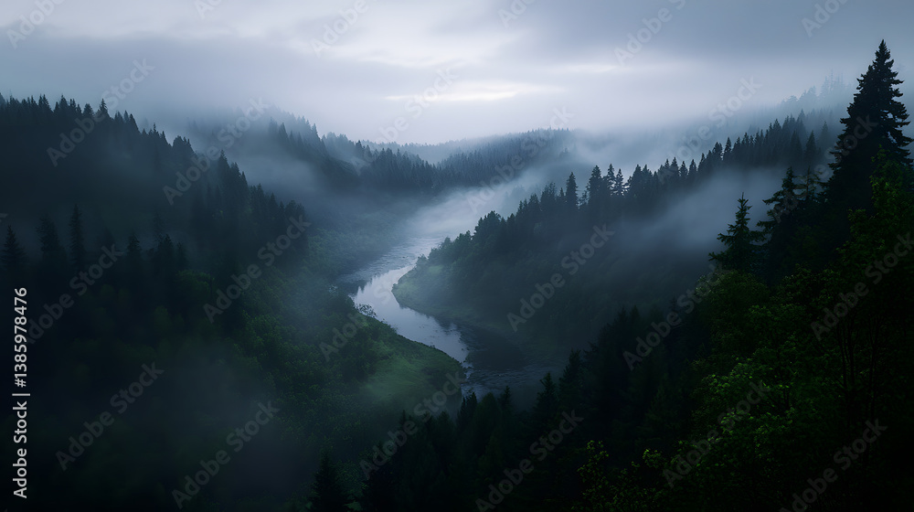 A misty valley with a meandering river surrounded by dense forests and steep hills, with a foggy atmosphere and a soft light filtering through the trees. A misty valley with a meandering river surrounded by dense forests and steep hills, with a foggy atmosphere and a soft light filtering through the trees.