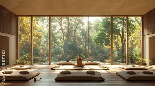 Obraz na płótnie Zen Meditation Room with Nature View, and Interior. w salonie