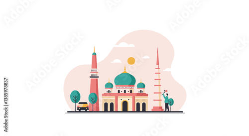 Mosque illustration with towers and a sunny background  