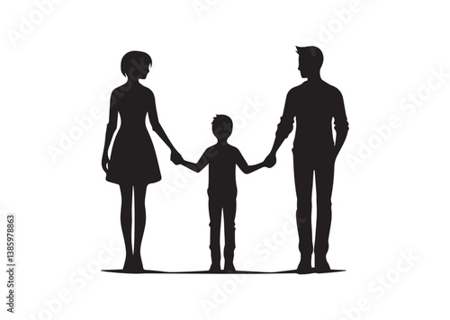 Silhouette of a family of four holding hands, capturing the essence of unity and love Vector