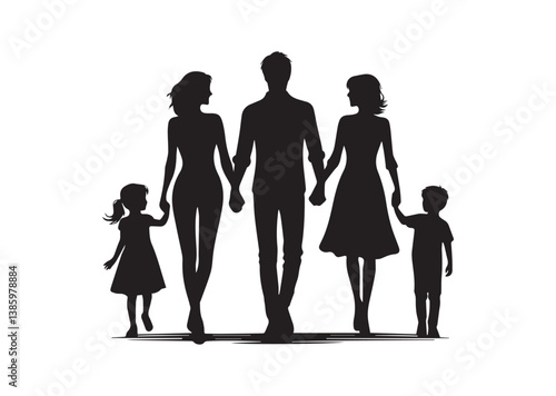 Silhouette of a family of four holding hands, capturing the essence of unity and love Vector