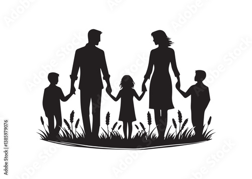 Silhouette of a family of four holding hands, capturing the essence of unity and love Vector
