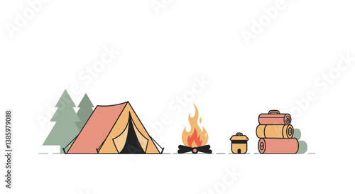 Camping tent with fire and supplies in a serene forest setting  