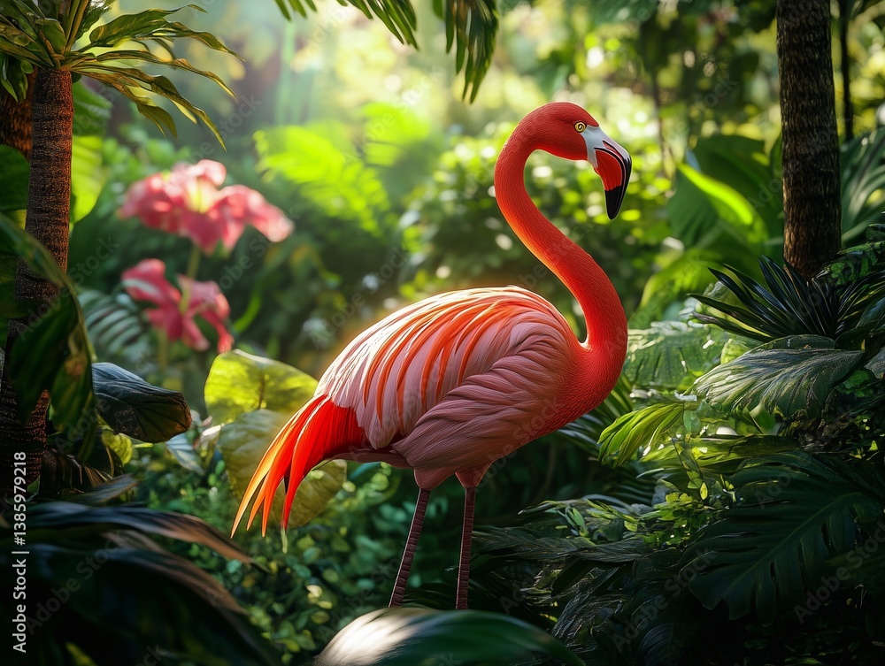 Fototapeta premium A flamingo standing gracefully in a lush tropical garden, surrounded by exotic flowers and green foliage.