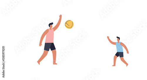 Two boys playing volleyball against a white background  