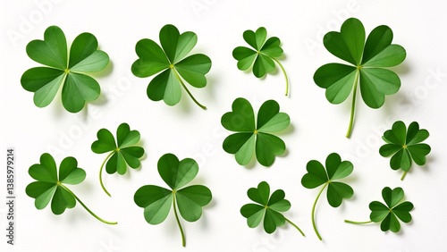A bunch of green clover leaves on a white surface.