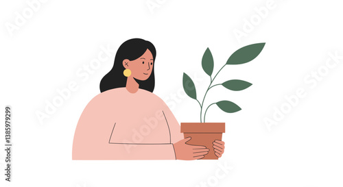 Woman holding a potted plant with a smile on a white background  