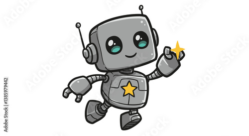 Cute cartoon robot waving with a star on a white background  