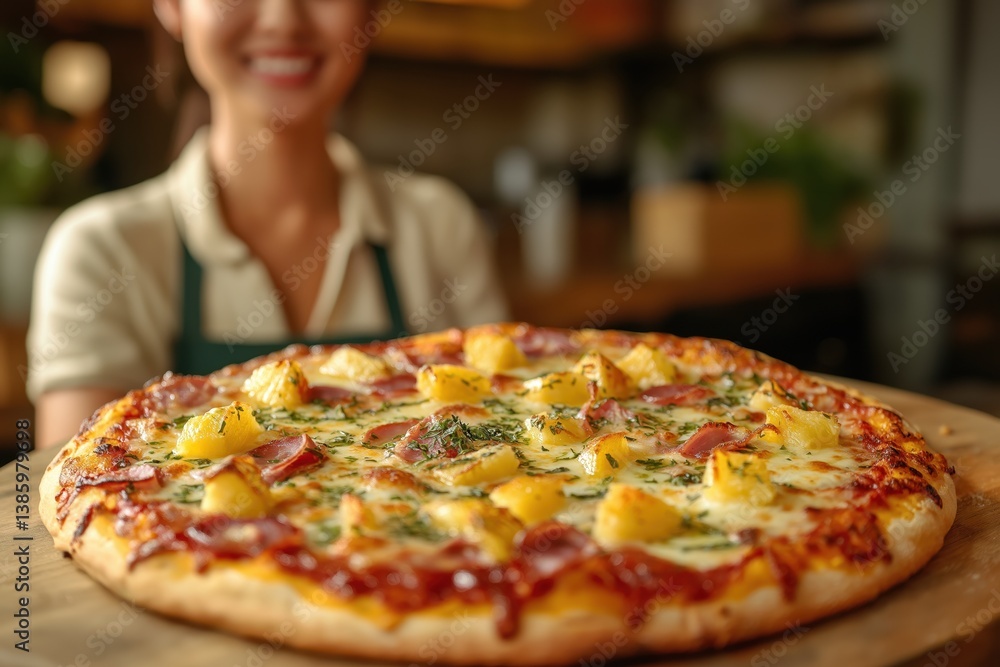 Hawaiian pizza with pineapple and ham on a wooden board Hawaiian pizza with pineapple and ham on a wooden board