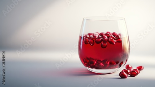 A fresh glass of pomegranate juice with pomegranate seeds floating inside, on a white background