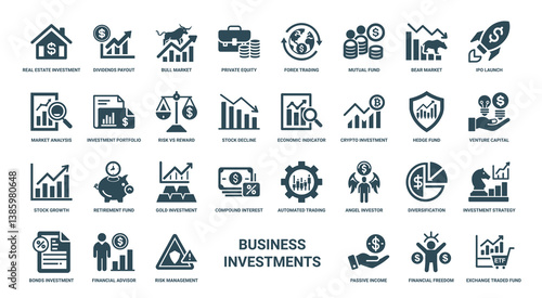 collection icons business investments real estate stocks financial strategies, Stock Hedge Growth Capital Venture Retirement Fund