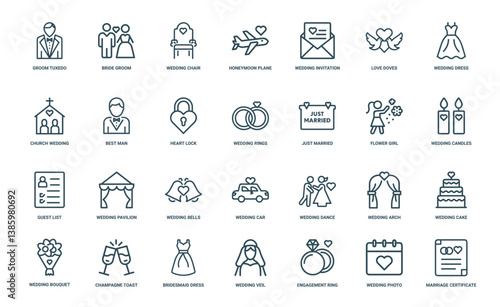 wedding ceremony marriage collection line icons elements symbols, Flower Wedding Guest Pavilion List Girl Candles
