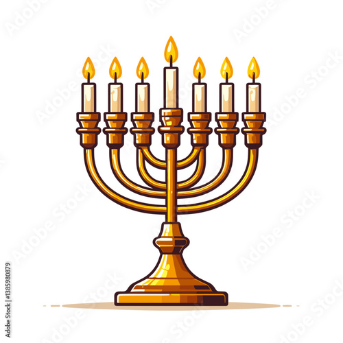 Vector art of golden menorah with lit candles. Ideal for Jewish holiday celebrations, religious symbols, and Hanukkah festivity illustrations.