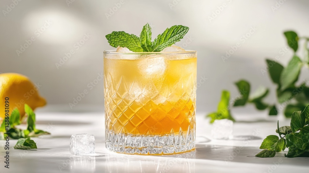 A refreshing glass of lemon juice with mint leaves and ice cubes, on a white background A refreshing glass of lemon juice with mint leaves and ice cubes, on a white background