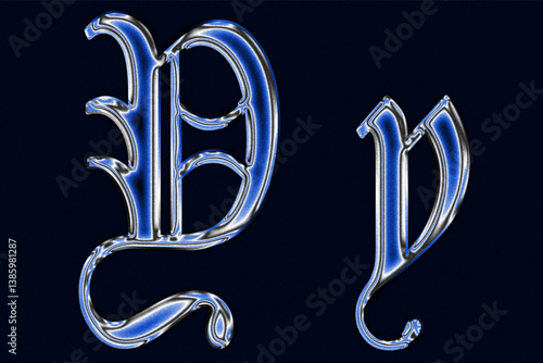 blue Gothic blackletter font chrome techno Glossy holographic 3D letter y Metallic shiny text design