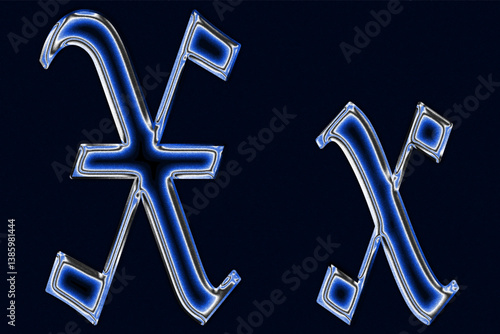 blue Gothic blackletter font chrome techno Glossy holographic 3D letter x Metallic shiny text design