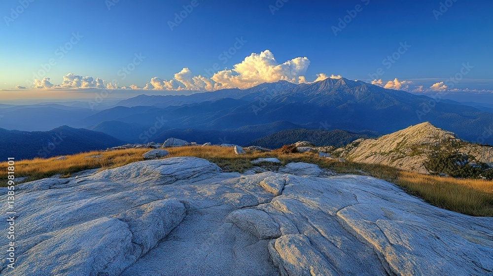 Fototapeta premium Majestic mountain vista at sunset. Rocky summit overlooking a vast valley. Soft light bathes the peaks in warm hues
