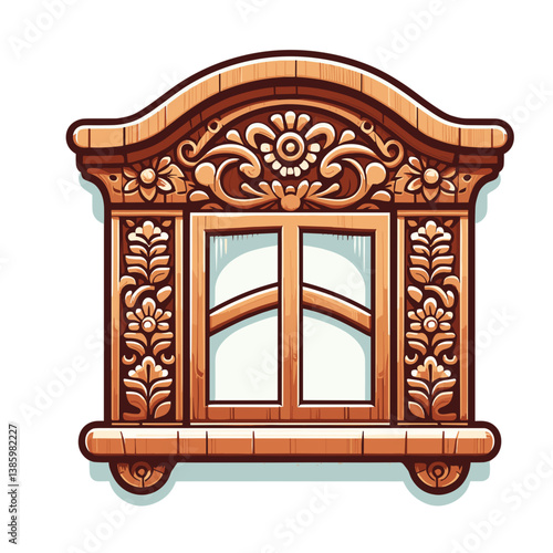 Vector ornate wooden window frame with carved details in antique style. Perfect for architecture restoration, historical interiors and traditional craftsmanship illustrations.