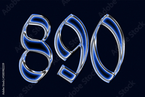 blue Gothic blackletter font chrome techno Glossy holographic 3D number 8 9 0 Metallic shiny text design