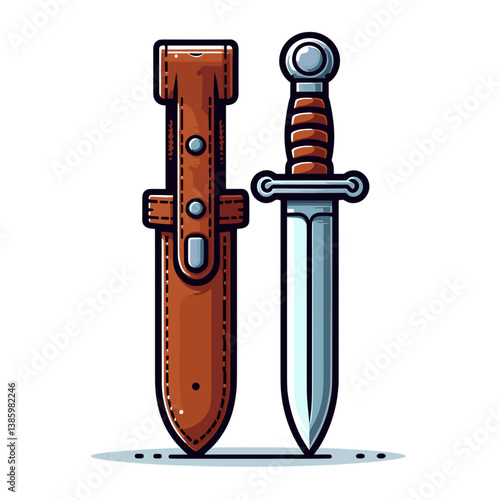 Vector dagger knife with leather sheath in metallic and brown tones. Perfect for historical weapons collections, medieval themed games and fantasy adventure illustrations.