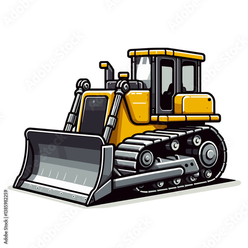 Vector yellow bulldozer construction vehicle with detailed mechanical parts. Ideal for building industry equipment, heavy machinery and engineering work illustrations.