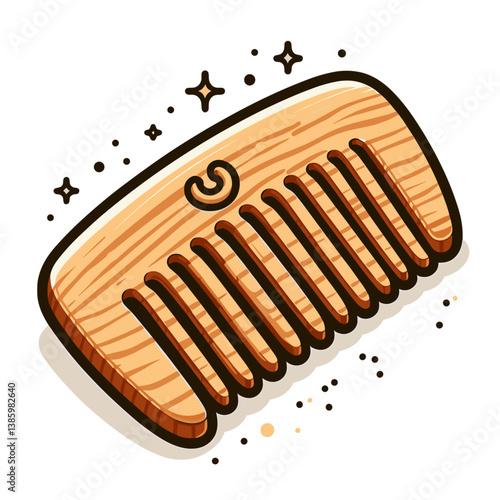 Vector wooden hair comb with sparkle effect on white background. Ideal for natural beauty products, eco-friendly accessories and organic haircare branding.