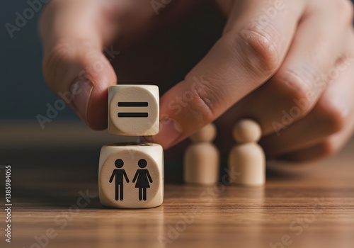 Gender Equality Concept Hand Holding Dice with Equal Sign, Male, Female Symbols, Wooden People.