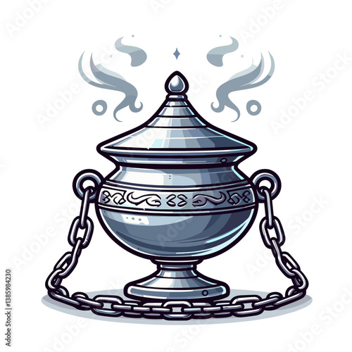 Silver ceremonial incense burner with chain and smoke effects in detailed style. Perfect for religious rituals, spiritual practices, and traditional ceremony illustrations.