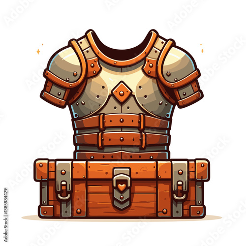 Medieval body armor with chest plate and shoulder guards on wooden chest. Ideal for historical warfare exhibitions, knight equipment collections, and medieval battle reenactments.