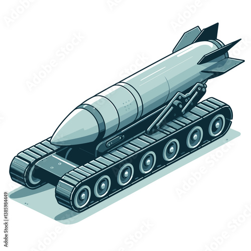 Missile on tracked launcher platform in military green and gray tones. Perfect for defense technology illustrations, military equipment catalogs, and warfare strategy content.