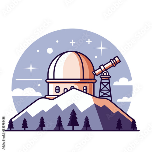 Astronomical observatory on mountain with dome and telescope in circular design. Perfect for astronomy education, scientific research facilities, and space observation centers.